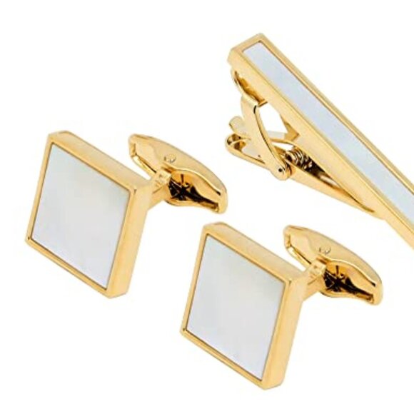 Square Mother of Pearl Men Cufflinks and Tie Clip Set